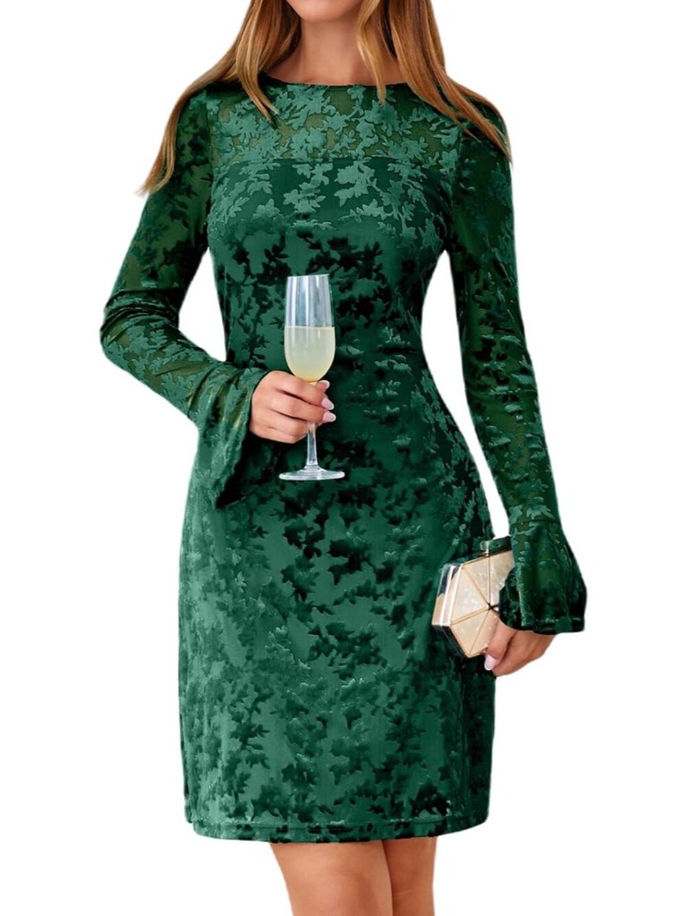 〽️Women’s Green Velvet Floral Sheath Dress Flare Sleeve Cocktail Wedding